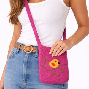 Pink Felt Crossbody Bag with Bird Design